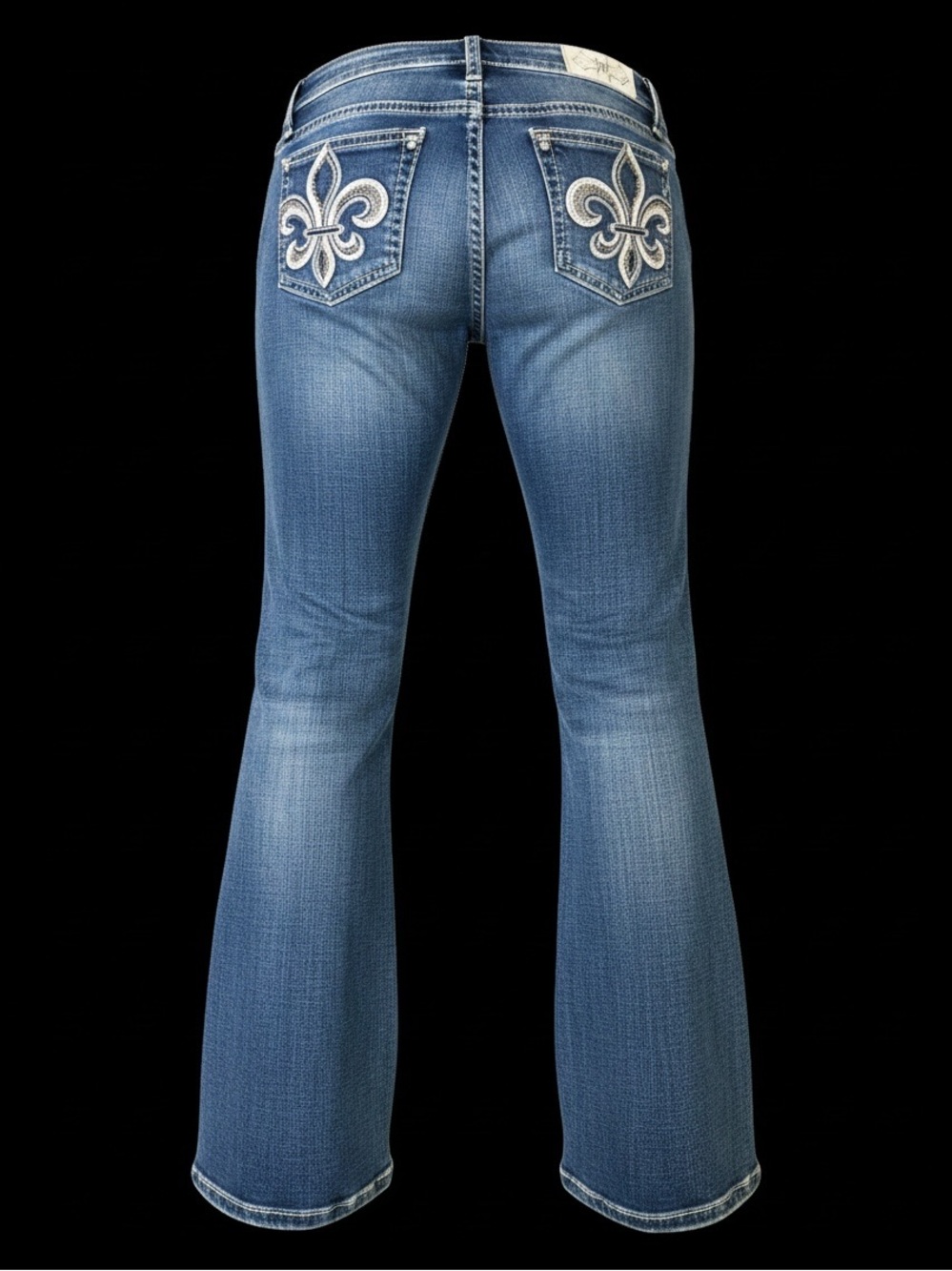 Miss Me Mid Rise Boot Jeans Women’s Size 31 x 34 Medium Wash Fleur De Lis Stretc